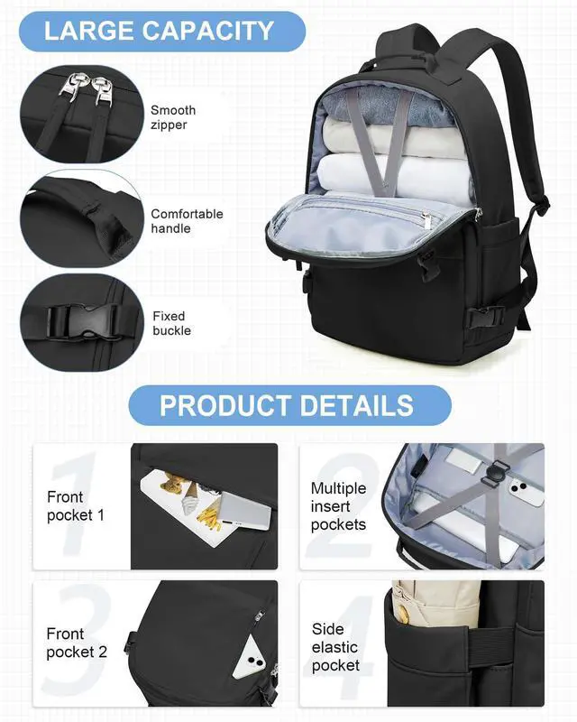 Alt view image 4 of 5 - Travel Backpack for Women Men, Carry on Backpack Flight Approved Item Bag,Casual Daypacks Cabin Bagage,Hiking Backpack Lightweight Rucksack, Business Laptop Backpack with USB Charger Black Large