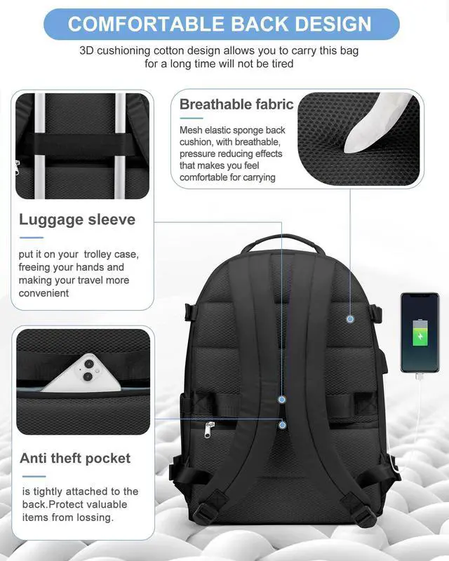 Alt view image 5 of 5 - Travel Backpack for Women Men, Carry on Backpack Flight Approved Item Bag,Casual Daypacks Cabin Bagage,Hiking Backpack Lightweight Rucksack, Business Laptop Backpack with USB Charger Black Large
