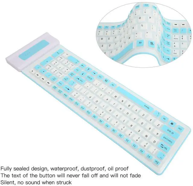 Alt view image 2 of 5 - Serounder Silicone Keyboard, Foldable Silicone Keyboard Soft Waterproof Rollup Keyboard for PC Laptop Notebook, 103 Keys, Mute Typing, Lightweight (Blue)