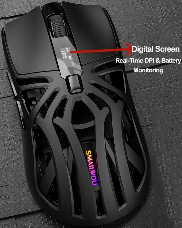 Alt view image 3 of 5 - Wireless Gaming Mouse, Lightweight 10000 DPI Digital Screen Programmable Silent Tri-Mode Bluetooth/2.4G/USB-C Wired Ergonomic Gamer Mouse with Side Buttons for PC Laptop Computer Mac Gift,RGB Light