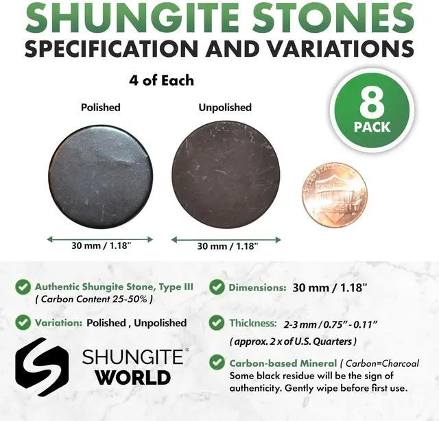 Alt view image 2 of 5 - Shungite World 8 pcs Shungite Stickers Set Round 30 mm Polished and Unpolished (4 of Each) for Cell Phone Case Tablet Laptop Computer - Energy Shungite Stones Protection Plate with Carbon Fullerenes