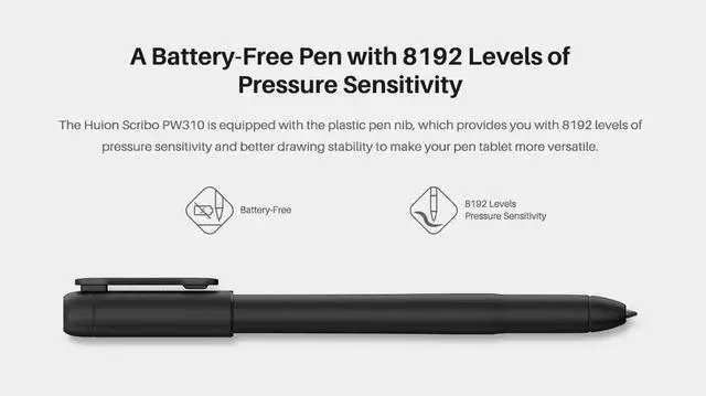 Alt view image 2 of 5 - Digital Neutral Battery-Free Pen for Huion Scribo PW310 8192 Levels for HS611/HS64/HS610/Q620M/H610PRO V2/Kamvas Pro 20