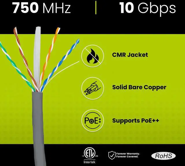 Alt view image 2 of 5 - trueCABLE Cat6A Riser (CMR), 1000ft, Gray, 23AWG 4 Pair Solid Bare Copper, 750MHz, PoE++ (4PPoE), ETL Listed, Unshielded Twisted Pair (UTP), Bulk Ethernet Cable