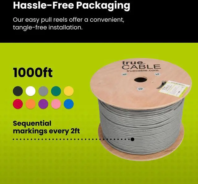 Alt view image 5 of 5 - trueCABLE Cat6A Riser (CMR), 1000ft, Gray, 23AWG 4 Pair Solid Bare Copper, 750MHz, PoE++ (4PPoE), ETL Listed, Unshielded Twisted Pair (UTP), Bulk Ethernet Cable