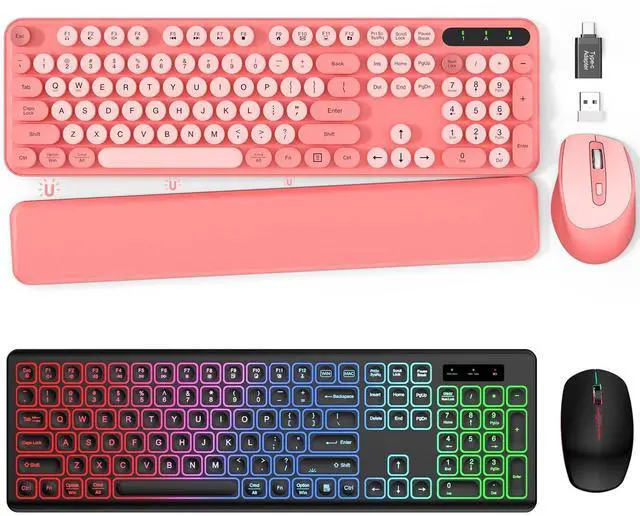 Main image of 2 Pack Backlit Wireless Keyboard and Mouse Combo-Cute Typewriter Keyboard with RGB Backlit, Detachable Wrist Rest, Retro Round Keycaps, Foldable Legs, 2.4GHz Full-Size Keyboard for PC, Laptop, Windows