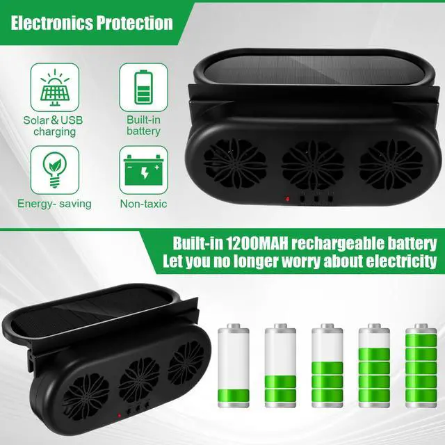 Alt view image 4 of 5 - Tujoe 2 Pack Solar Powered Car Exhaust Fan 3 Fans Car Window Air Vent Radiator Solar Energy Cooling Vent Exhaust for General Types(Solar & USB Cable 3 Fans,Black)
