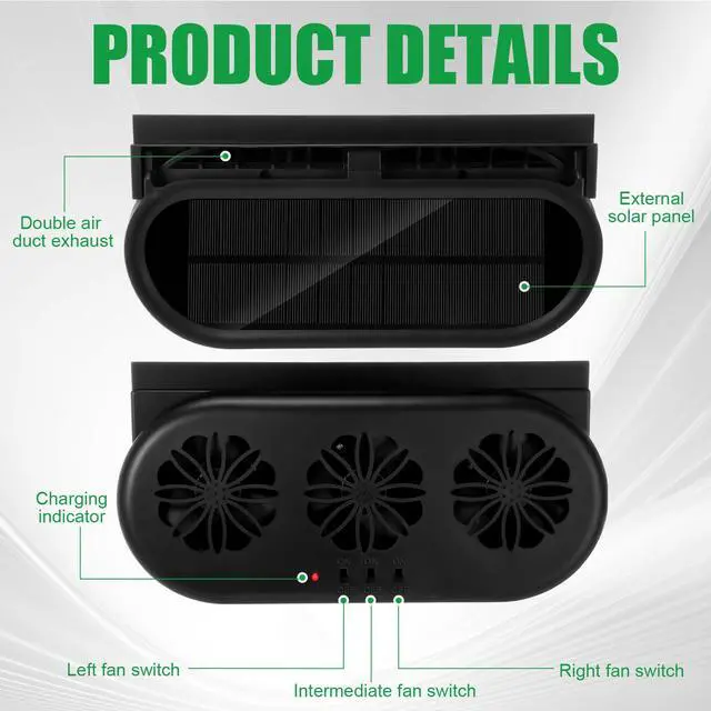 Alt view image 3 of 5 - Tujoe 2 Pack Solar Powered Car Exhaust Fan 3 Fans Car Window Air Vent Radiator Solar Energy Cooling Vent Exhaust for General Types(Solar & USB Cable 3 Fans,Black)