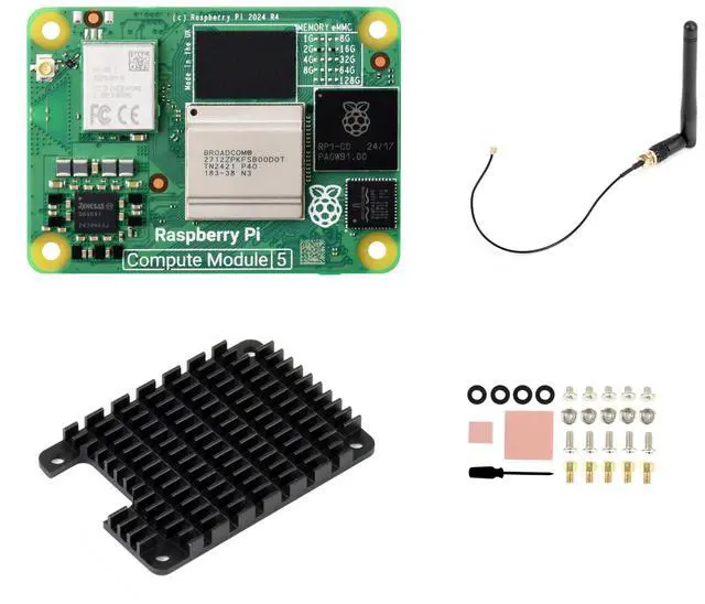 Main image of CM5 Pi Compute Module 5 Kit Comes with Official CM5102016 (with Wireless, 2GB SDRAM, 16GB eMMC Flash), Antenna Kit, CM5 Heatsink (3 Items)