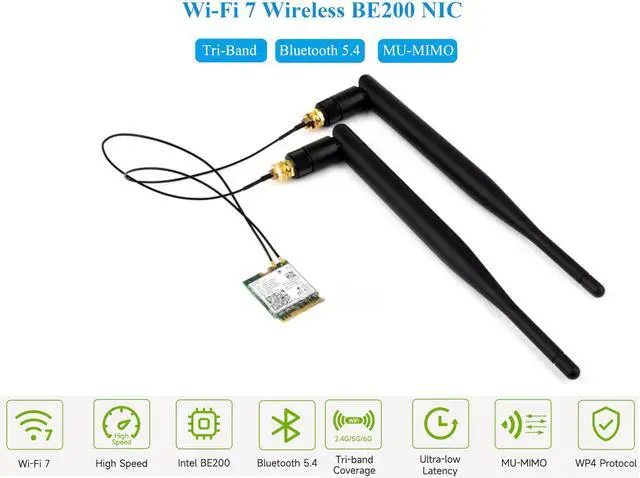 Alt view image 3 of 5 - WiFi 7 Wireless Card Wireless BE200 NIC Gigabit Tri-Band Wi-Fi 7 2.4G/5G/6GHz 5800Mbps M.2/NGFF, IEEE 802.11a/b/g/n/ac/be/ax Standard, Bluetooth 5.4, Support Linux, Windows 10/11, etc.