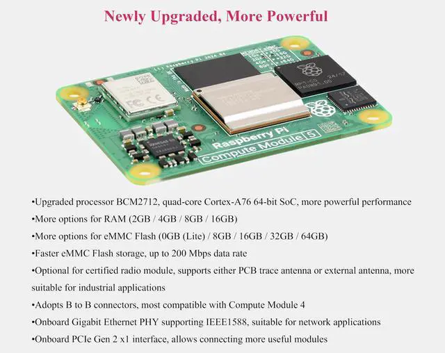Alt view image 4 of 5 - CM5 Pi Compute Module 5 Kit Comes with Official CM5102016 (with Wireless, 2GB SDRAM, 16GB eMMC Flash), Antenna Kit, CM5 Heatsink (3 Items)