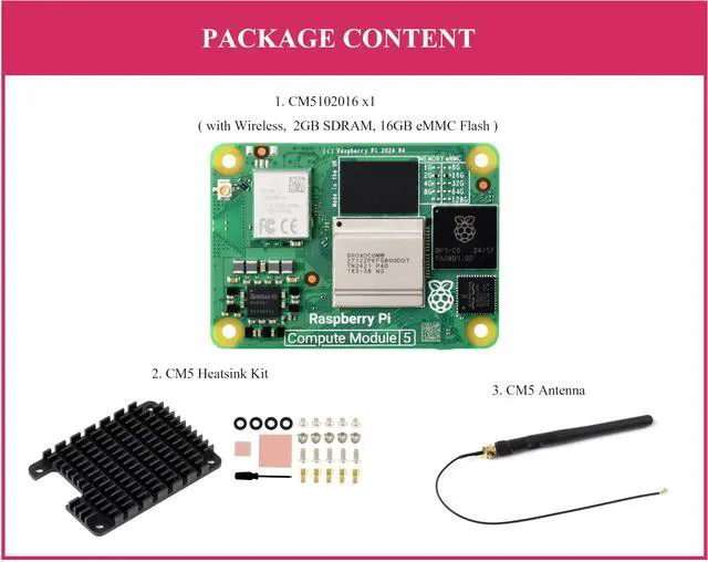 Alt view image 2 of 5 - CM5 Pi Compute Module 5 Kit Comes with Official CM5102016 (with Wireless, 2GB SDRAM, 16GB eMMC Flash), Antenna Kit, CM5 Heatsink (3 Items)