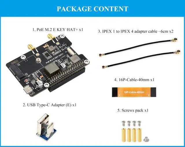Alt view image 2 of 5 - PCIe to M.2 E Key Adapter with PoE Function Compatible with Raspberry Pi 5, Support Various NGFF (M.2 E Key) Wireless NIC & PoE Power Supply& USB Bluetooth Connection, HAT+ Standard