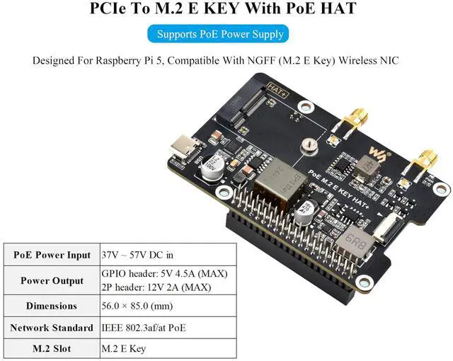 Alt view image 3 of 5 - PCIe to M.2 E Key Adapter with PoE Function Compatible with Raspberry Pi 5, Support Various NGFF (M.2 E Key) Wireless NIC & PoE Power Supply& USB Bluetooth Connection, HAT+ Standard