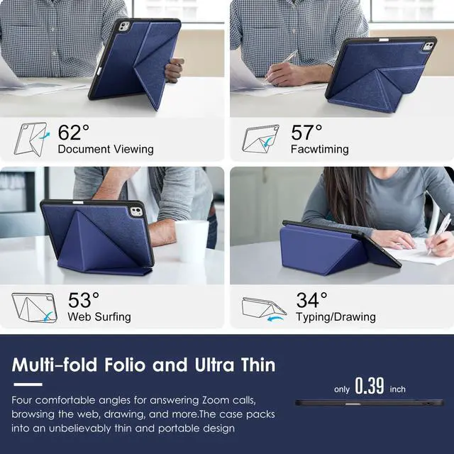 Alt view image 3 of 5 - VIKESI for iPad Pro 13 Inch M4 Case 2024, Origami Case with Multi fold, Multi Angle Stand, Apple Pencil Holder, Support Auto Wake/Sleep-Dark Blue
