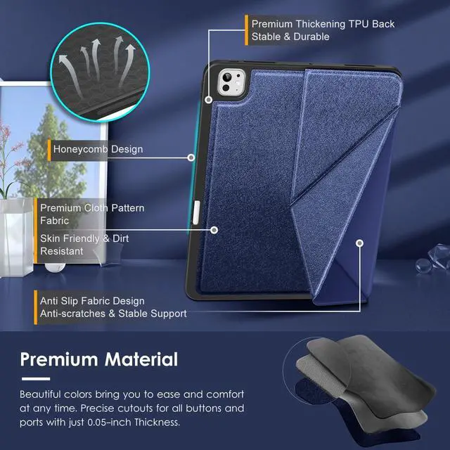 Alt view image 4 of 5 - VIKESI for iPad Pro 13 Inch M4 Case 2024, Origami Case with Multi fold, Multi Angle Stand, Apple Pencil Holder, Support Auto Wake/Sleep-Dark Blue