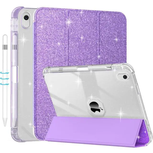 Main image of Case for iPad 10th Generation 10.9 Inch (2022), iPad (A16) 11th Generation 11 Inch (2025)-with Pencil Holder, Sparkle Glitter Leather Trifold Stand Magnetic Smart Cover-Shiny Clear TPU Back, Purple