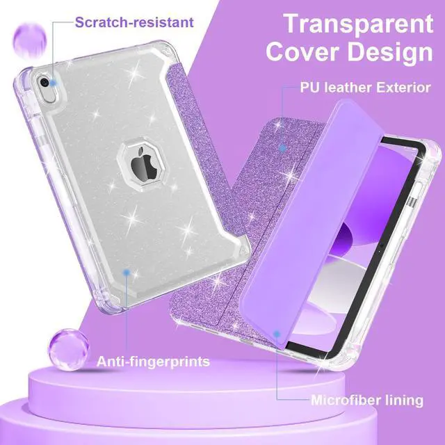 Alt view image 4 of 5 - Case for iPad 10th Generation 10.9 Inch (2022), iPad (A16) 11th Generation 11 Inch (2025)-with Pencil Holder, Sparkle Glitter Leather Trifold Stand Magnetic Smart Cover-Shiny Clear TPU Back, Purple