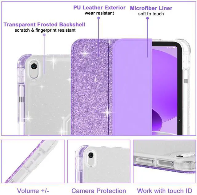 Alt view image 3 of 5 - Case for iPad 10th Generation 10.9 Inch (2022), iPad (A16) 11th Generation 11 Inch (2025)-with Pencil Holder, Sparkle Glitter Leather Trifold Stand Magnetic Smart Cover-Shiny Clear TPU Back, Purple
