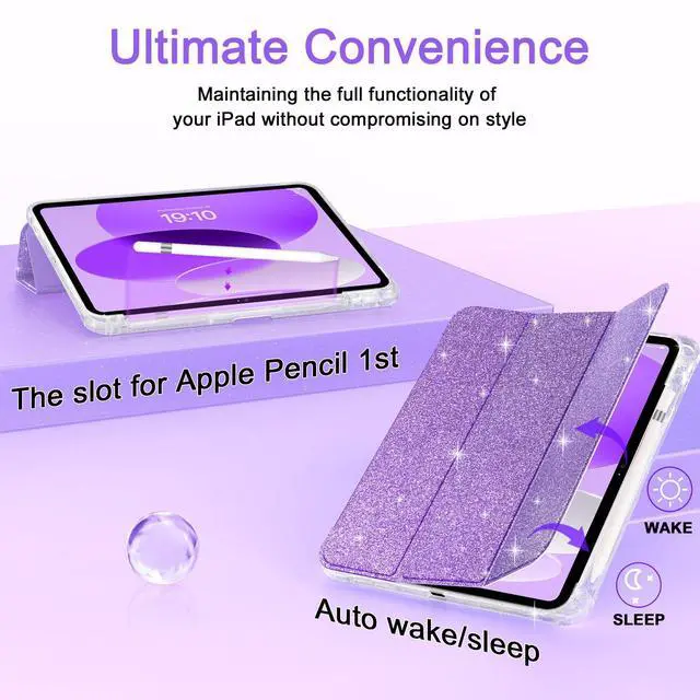 Alt view image 5 of 5 - Case for iPad 10th Generation 10.9 Inch (2022), iPad (A16) 11th Generation 11 Inch (2025)-with Pencil Holder, Sparkle Glitter Leather Trifold Stand Magnetic Smart Cover-Shiny Clear TPU Back, Purple
