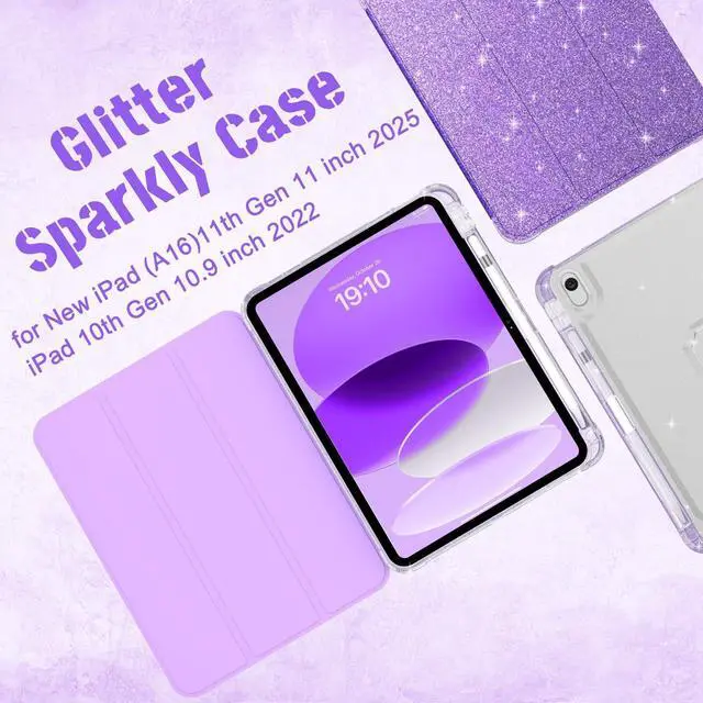 Alt view image 2 of 5 - Case for iPad 10th Generation 10.9 Inch (2022), iPad (A16) 11th Generation 11 Inch (2025)-with Pencil Holder, Sparkle Glitter Leather Trifold Stand Magnetic Smart Cover-Shiny Clear TPU Back, Purple