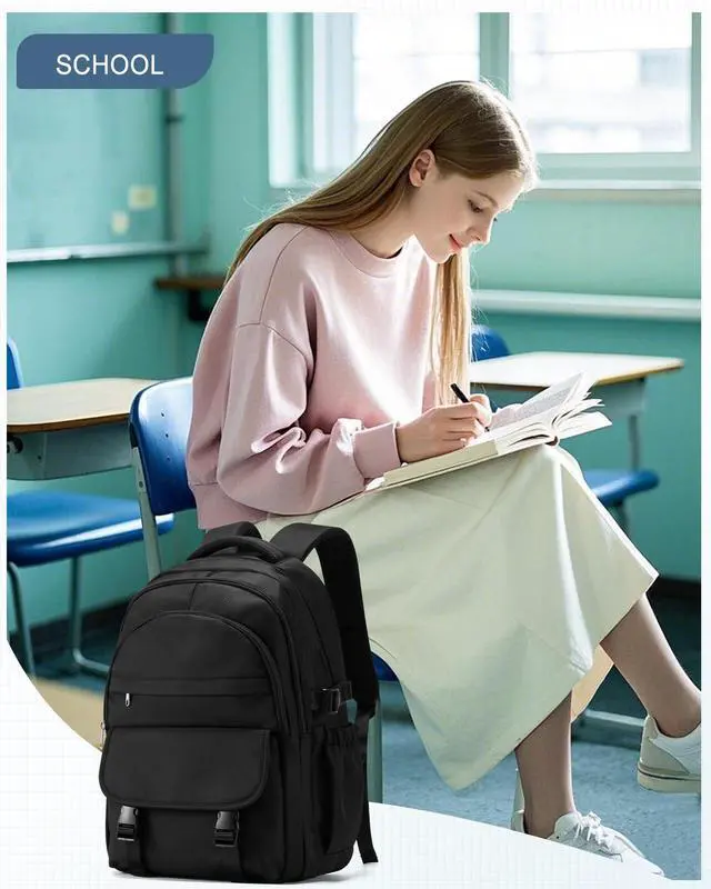 Alt view image 2 of 5 - Black Waterproof Aesthetic Backpack For School, Cute High School Bookbag For Teen Girls Boys, Lightweight Casual Daypack Backpack For Women Men, College Backpack With Lots Of Pockets