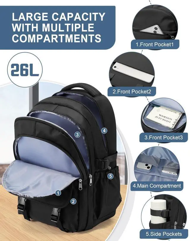 Alt view image 4 of 5 - Black Waterproof Aesthetic Backpack For School, Cute High School Bookbag For Teen Girls Boys, Lightweight Casual Daypack Backpack For Women Men, College Backpack With Lots Of Pockets