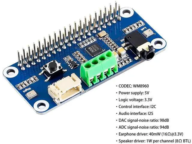 Alt view image 3 of 5 - WM8960 Hi-Fi Sound Card HAT for Raspberry Pi 5/Pi 4B/3B+/Pi3B/Pi Zero 2W/ Zero W/Zero WH, Support Stereo Encode/Decode, Play/Record, Directly Drives Speakers to Play Music