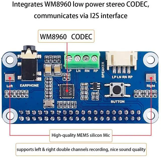 Alt view image 5 of 5 - WM8960 Hi-Fi Sound Card HAT for Raspberry Pi 5/Pi 4B/3B+/Pi3B/Pi Zero 2W/ Zero W/Zero WH, Support Stereo Encode/Decode, Play/Record, Directly Drives Speakers to Play Music