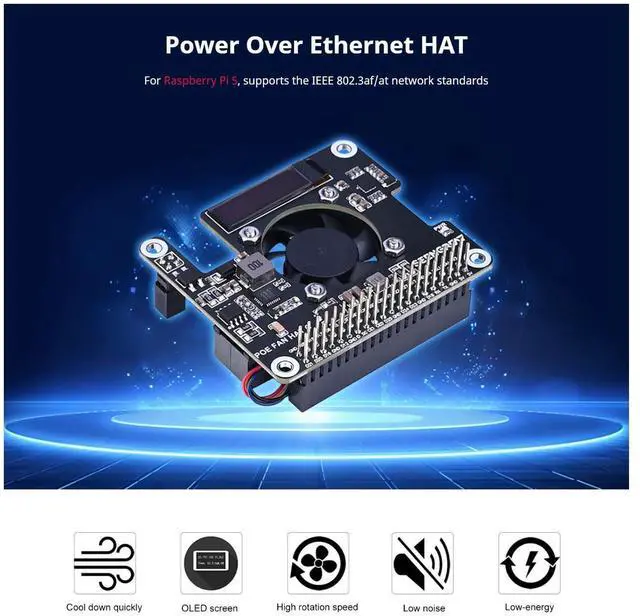 Alt view image 2 of 5 - POE HAT for Raspberry Pi 5/CM5 Power Over Ethernet Adapter with Onboard Cooling Fan and OLED Display Supports 802.3af/at Network Standard Comes with Metal Heatsink Fits Raspberry Pi 5 Case Original