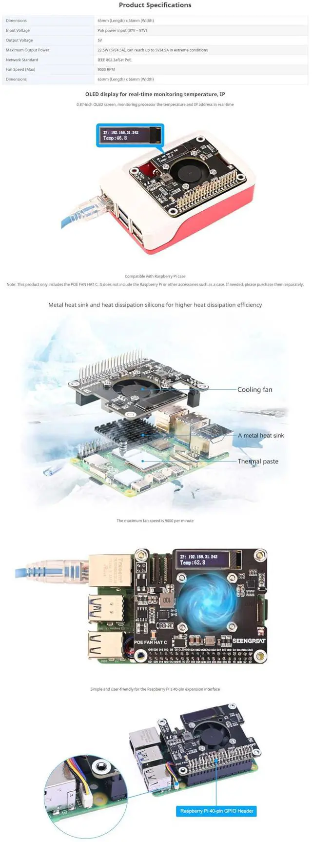 Alt view image 3 of 5 - POE HAT for Raspberry Pi 5/CM5 Power Over Ethernet Adapter with Onboard Cooling Fan and OLED Display Supports 802.3af/at Network Standard Comes with Metal Heatsink Fits Raspberry Pi 5 Case Original