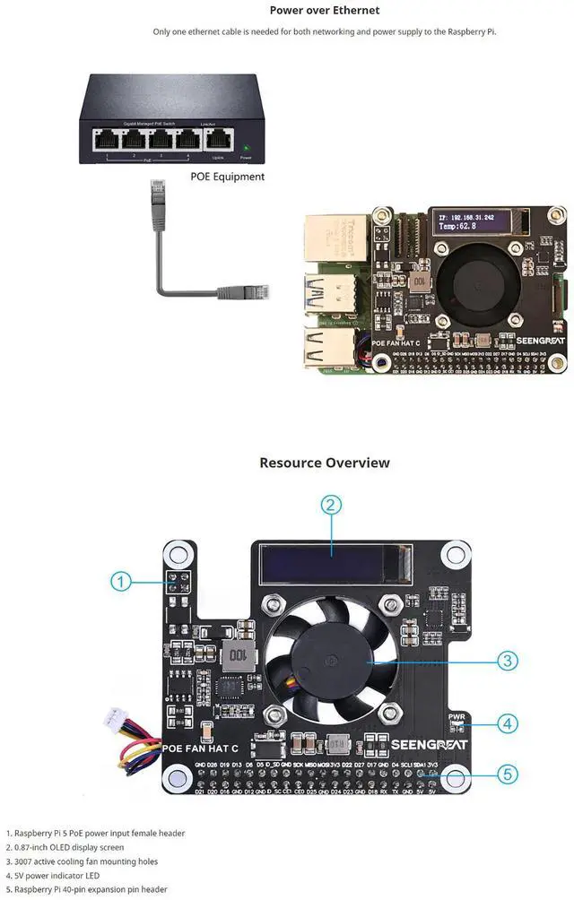 Alt view image 4 of 5 - POE HAT for Raspberry Pi 5/CM5 Power Over Ethernet Adapter with Onboard Cooling Fan and OLED Display Supports 802.3af/at Network Standard Comes with Metal Heatsink Fits Raspberry Pi 5 Case Original