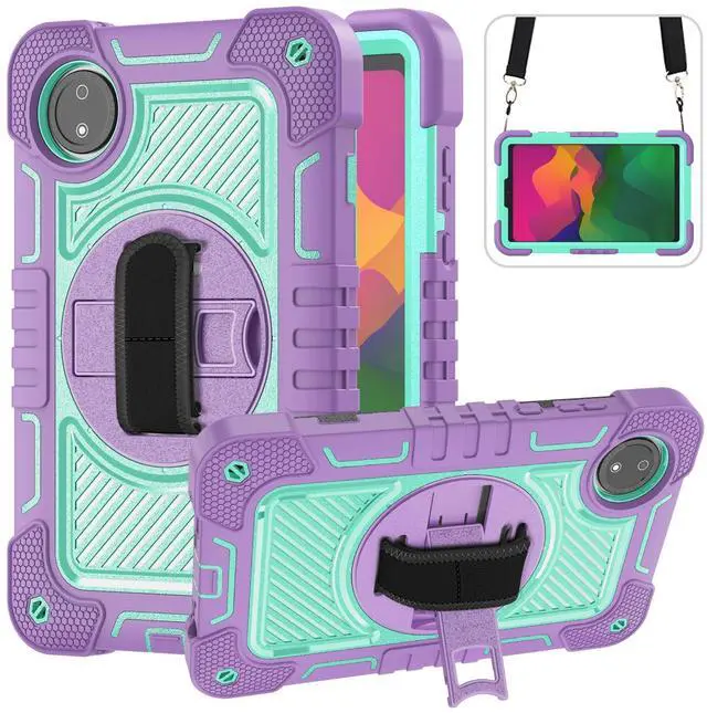 Main image of YOUULAR Tablet Case for Xiaomi Redmi Pad SE 8.7/Redmi Pad SE 4G in India, Tablet Shockproof Cover with 360deg Rotating Stand and Wrist Strap, Shoulder Strap,Purple+Mint Green