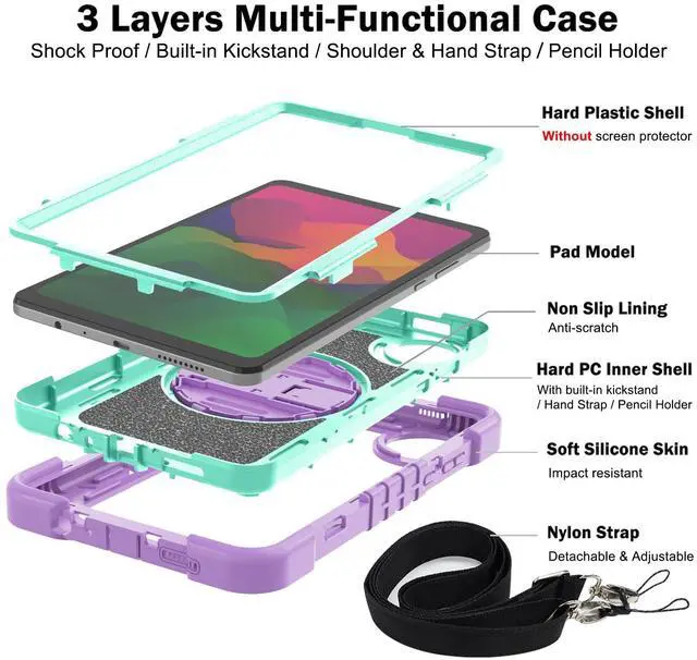 Alt view image 2 of 5 - YOUULAR Tablet Case for Xiaomi Redmi Pad SE 8.7/Redmi Pad SE 4G in India, Tablet Shockproof Cover with 360deg Rotating Stand and Wrist Strap, Shoulder Strap,Purple+Mint Green