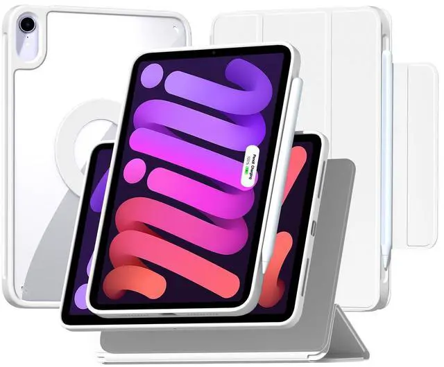 Main image of ZENLU iPad Mini 6th 7th Generation Case Removable Magnetic Folio Cover, Premium PU Leather, Multiple Angles Stand, Pencil Slot Charging Support, Full Protective Case for 8.3 inch iPad Mini 6 7 (White)