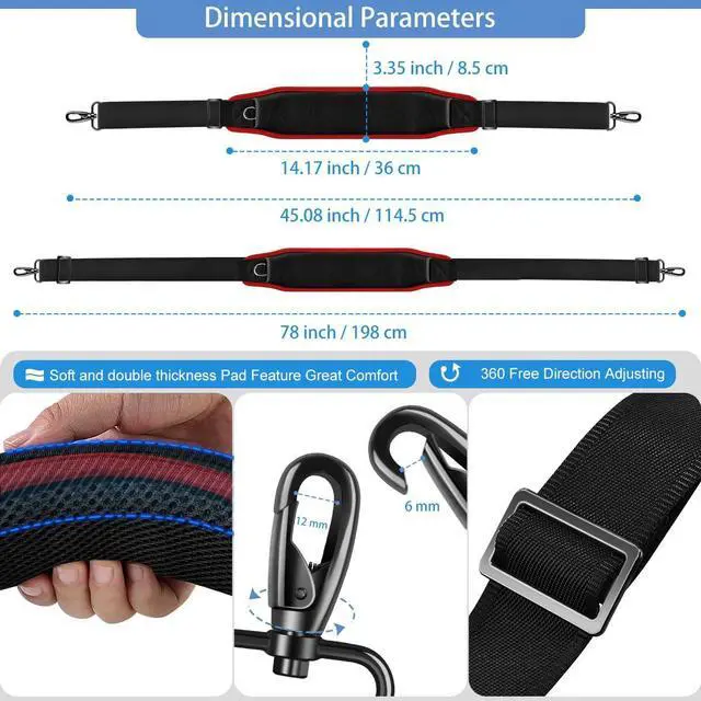 Alt view image 2 of 5 - ZINZ Bag Shoulder Strap 78 inch with Ultra Cushion Breathable Pad, Durable Strap with Double Adjustable Buckles and Metal Hooks for D-ring Bags,Black Red