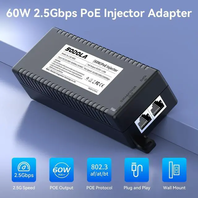 Alt view image 2 of 5 - SODOLA 2.5G PoE+ Injector 60W,IEEE802.3at/af/bt Compliant,,Supplies PoE(15.4W) or PoE+(30W), PoE++(60w) Power Over Ethernet Distances Up to 328ft, Wall-Mount Supported 2.5Gb Injector Adapter