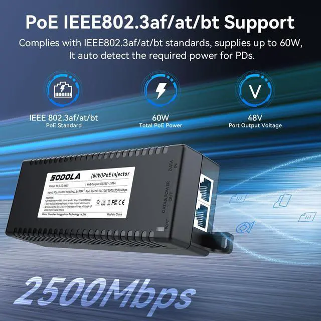 Alt view image 3 of 5 - SODOLA 2.5G PoE+ Injector 60W,IEEE802.3at/af/bt Compliant,,Supplies PoE(15.4W) or PoE+(30W), PoE++(60w) Power Over Ethernet Distances Up to 328ft, Wall-Mount Supported 2.5Gb Injector Adapter
