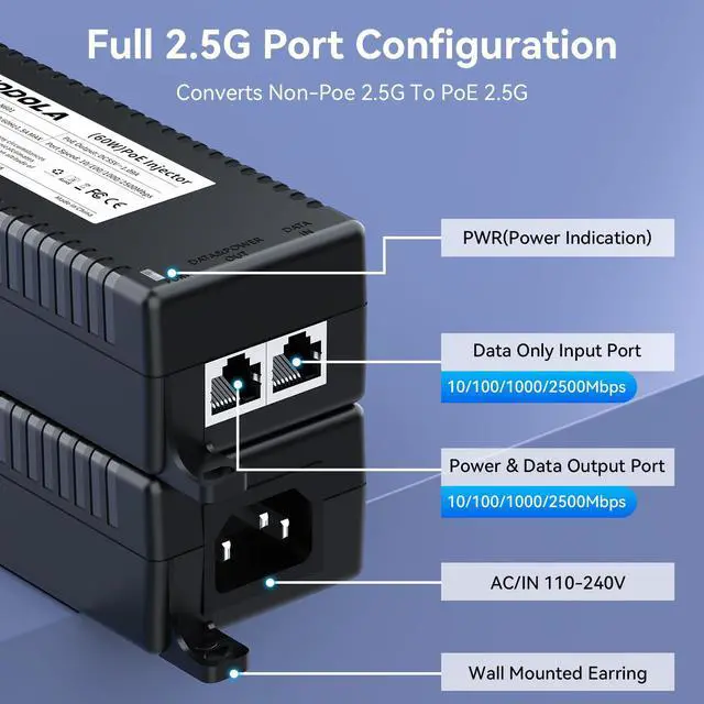 Alt view image 4 of 5 - SODOLA 2.5G PoE+ Injector 60W,IEEE802.3at/af/bt Compliant,,Supplies PoE(15.4W) or PoE+(30W), PoE++(60w) Power Over Ethernet Distances Up to 328ft, Wall-Mount Supported 2.5Gb Injector Adapter