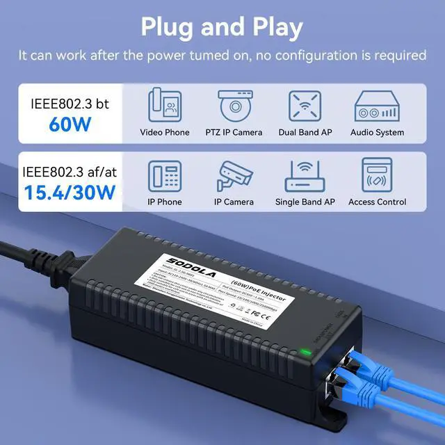 Alt view image 5 of 5 - SODOLA 2.5G PoE+ Injector 60W,IEEE802.3at/af/bt Compliant,,Supplies PoE(15.4W) or PoE+(30W), PoE++(60w) Power Over Ethernet Distances Up to 328ft, Wall-Mount Supported 2.5Gb Injector Adapter