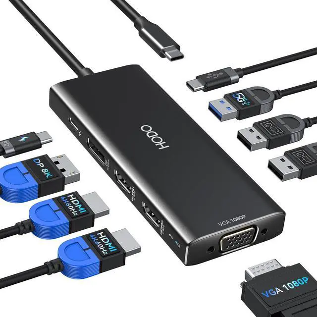 Main image of HODO USB C Docking Station Dual Monitor Adapter for Dell HP, Laptop Docking Station 3 Monitors Quad Display USB C Hub Dongle to 2 HDMI 4K,DP 8K, VGA,4 USB,PD, Adapter 9 in 1 Laptop Dongle