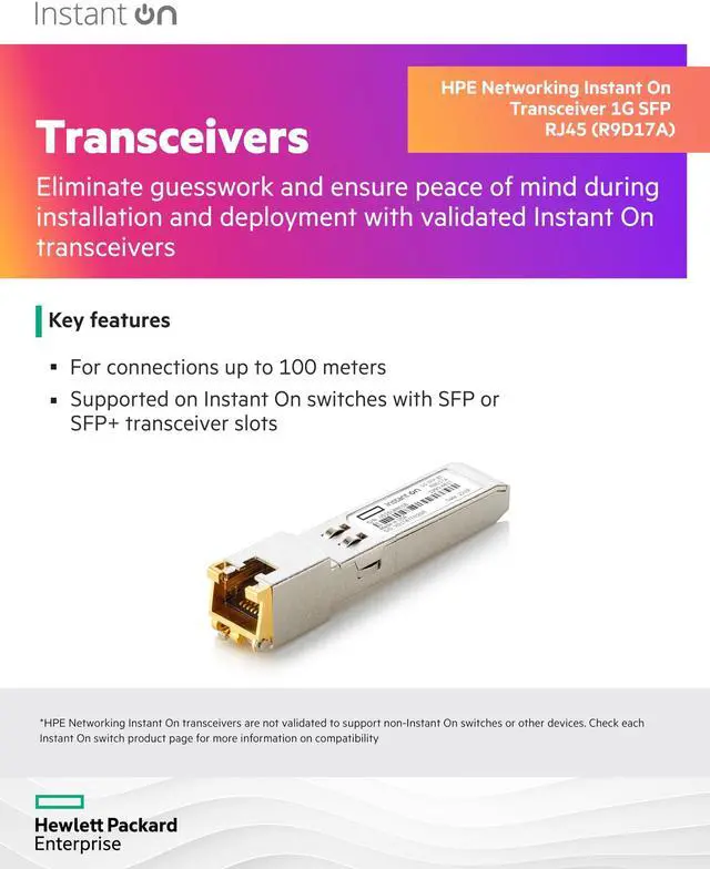 Alt view image 2 of 4 - HPE Networking Instant On 1G SFP RJ45 Transceiver for Copper Ethernet Category 5e Connections Up to 100 Meters (R9D17A)