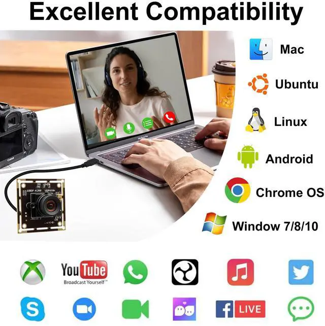 Alt view image 5 of 5 - QILOVE 1080P USB Camera Module, 30fps Video Camera, Wide Angle Webcam No Distortion H.264 Low Light with Microphone for Windows Android Linux Mac PC Laptop