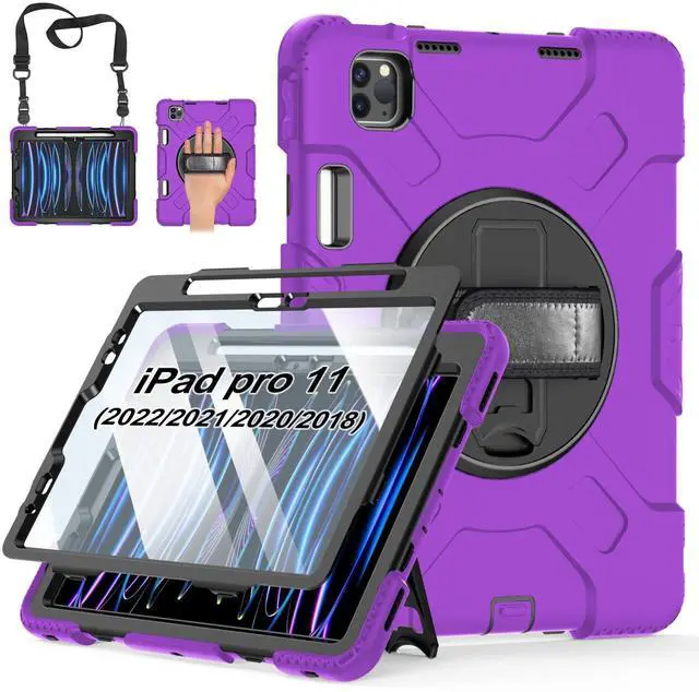 Main image of Case for iPad Pro 11 Inch 2022/2021/ 2020/2018: Silicone Cover for iPad 11 Inch 4th/ 3rd/ 2nd/ 1st/ Generation with Screen Protector- Stand- Handle- Shoulder Strap- Pencil Holder- Purple