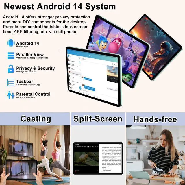 Alt view image 4 of 5 - Android 14 Tablet with Keyboard 20GB RAM 128GB ROM, 2025 Octa-Core 10 Inch Tablets with WiFi 6, 1TB Expandable, 1280x800 IPS Display, 6000mAh Battery, Widevine L1, Split Screen, Mouse, Case -Green