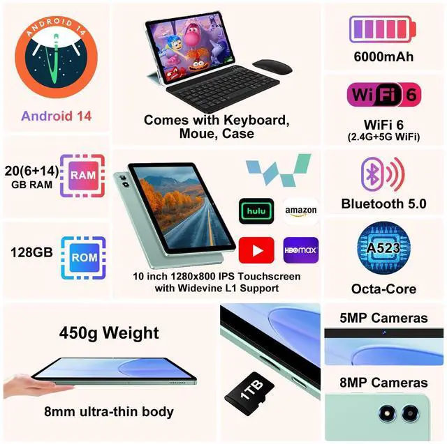 Alt view image 3 of 5 - Android 14 Tablet with Keyboard 20GB RAM 128GB ROM, 2025 Octa-Core 10 Inch Tablets with WiFi 6, 1TB Expandable, 1280x800 IPS Display, 6000mAh Battery, Widevine L1, Split Screen, Mouse, Case -Green