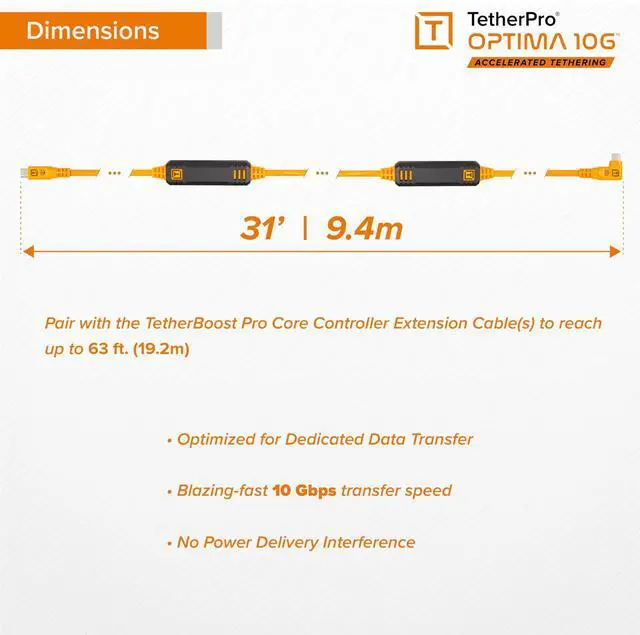 Alt view image 5 of 5 - Tether Tools TetherPro Optima 10G USB Exclusive Data Transfer, 31 (9.4M) Straight to Right Angle Cable - Orange