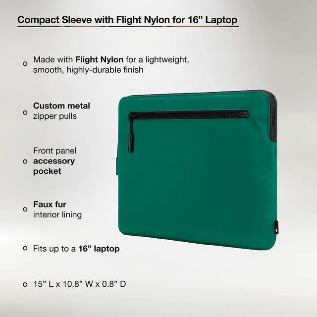 Alt view image 2 of 5 - Incase Compact Laptop Sleeve with Flight Nylon - 16-inch MacBook/Laptop & iPad/Tablet Sleeve - Faux Fur Lining, Lightweight, Durable, Weather Resistant, Slip Pocket for Accessories - Malachite Green