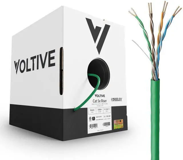 Main image of Voltive Cat5e Riser (CMR), 1000ft, Green - Solid Bare Copper Bulk Ethernet Cable - UTP - 350MHz - UL Certified & ETL Verified