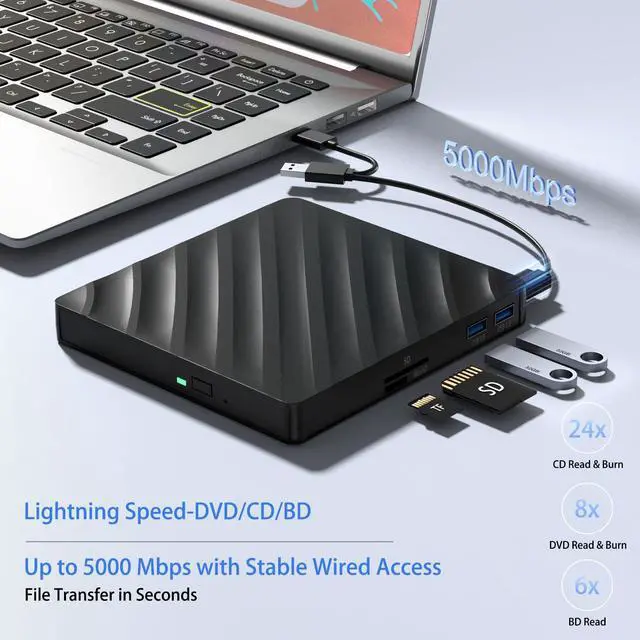 Alt view image 2 of 5 - 5 in 1 External Blu Ray Drive, Portable Blu Ray Player with USB 3.0 Type-C, CD DVD Burner 3D Blu Ray with SD/TF Port, Blu Ray Drive Compatible with Windows Laptop Desktop (Updated Version)