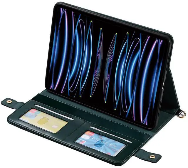 Alt view image 3 of 5 - Handbag Case for iPad Air 13" & Pro 12.9" 2018-2022, Techcircle PU Leather Folio Stand iPad Crossbody Wallet Case with Pencil Pocket, Card Slots, Hand Strap+Shoulder Strap, Midnight Green